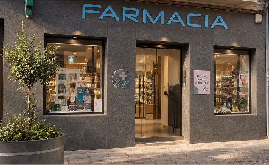 Fachada real de Farmacia Alberto Mantilla